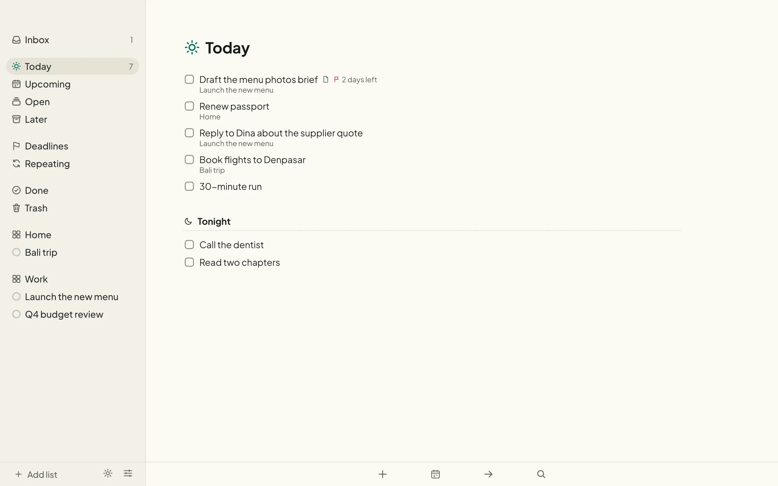 Sorted on a laptop: the Today list with a few to-dos, the lists and projects in the sidebar, and a Tonight section.